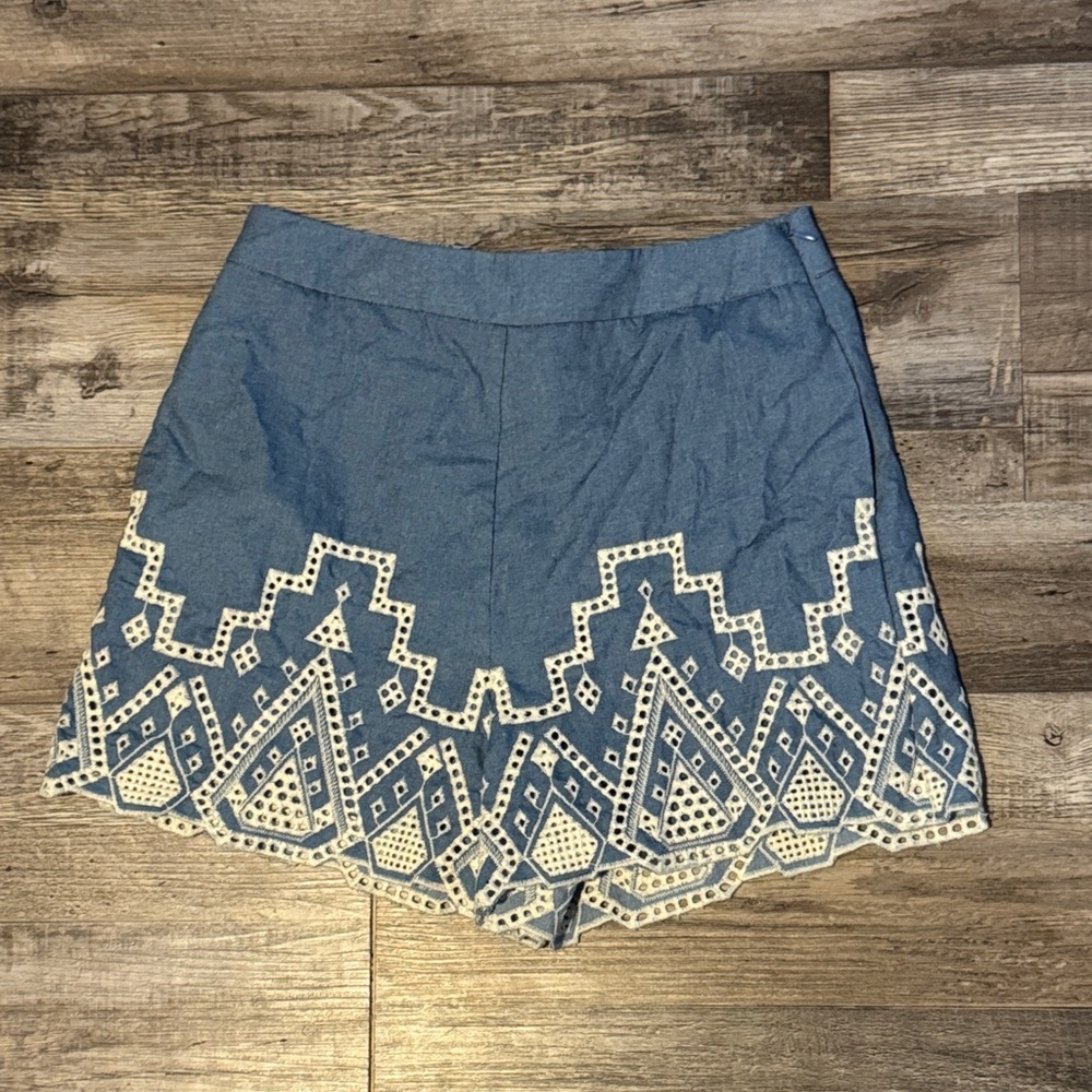 Francesca's Collections Blue Embroidered High-Waist Women’s Shorts